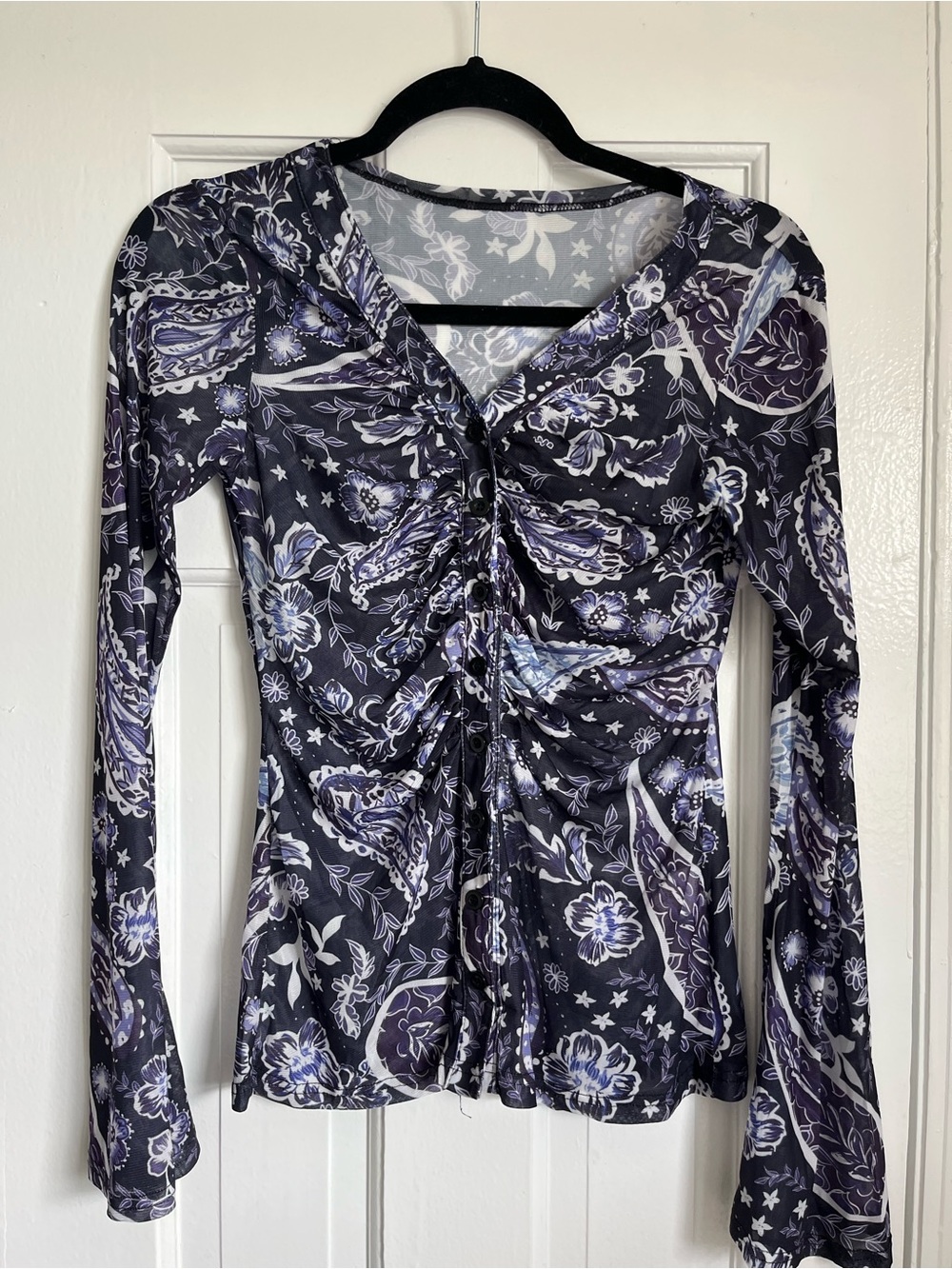Women’s Purple Floral Ruched Long-Sleeve Top